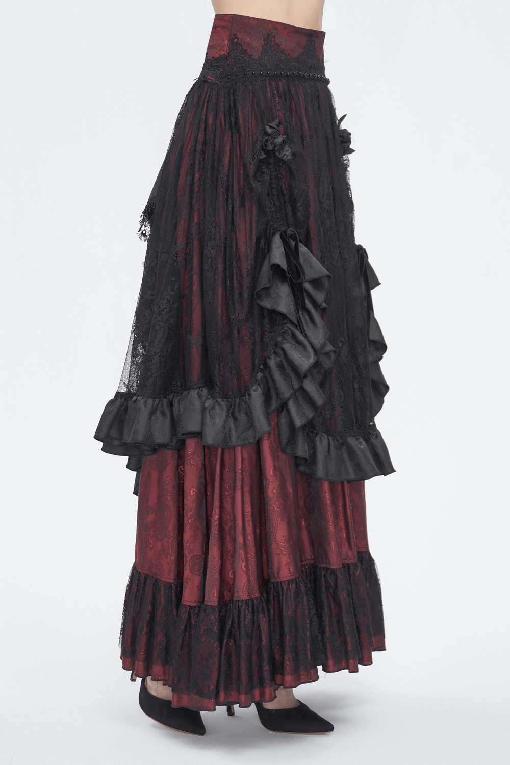 Elegant Victorian Gothic lace skirt with ruffled layers in black and red, showcasing high-waist design and satin bows.