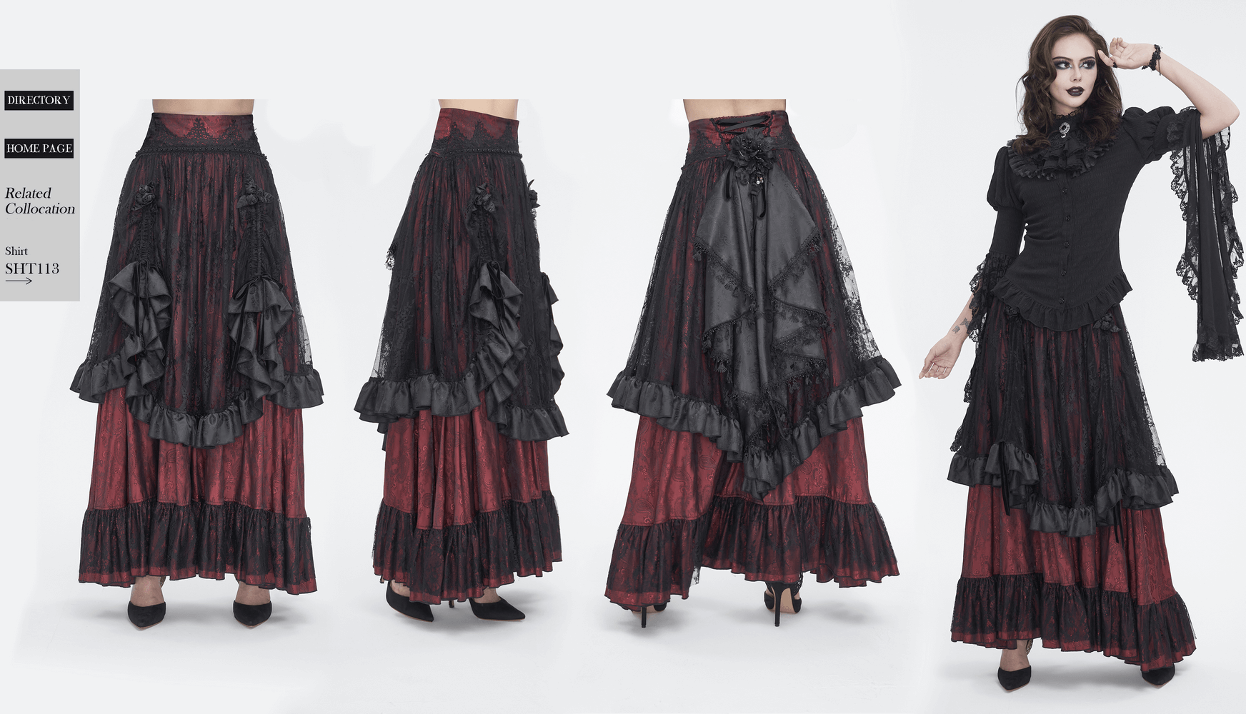 Victorian Gothic lace skirt with ruffled layers in black and red, perfect for steampunk and Gothic fashion.