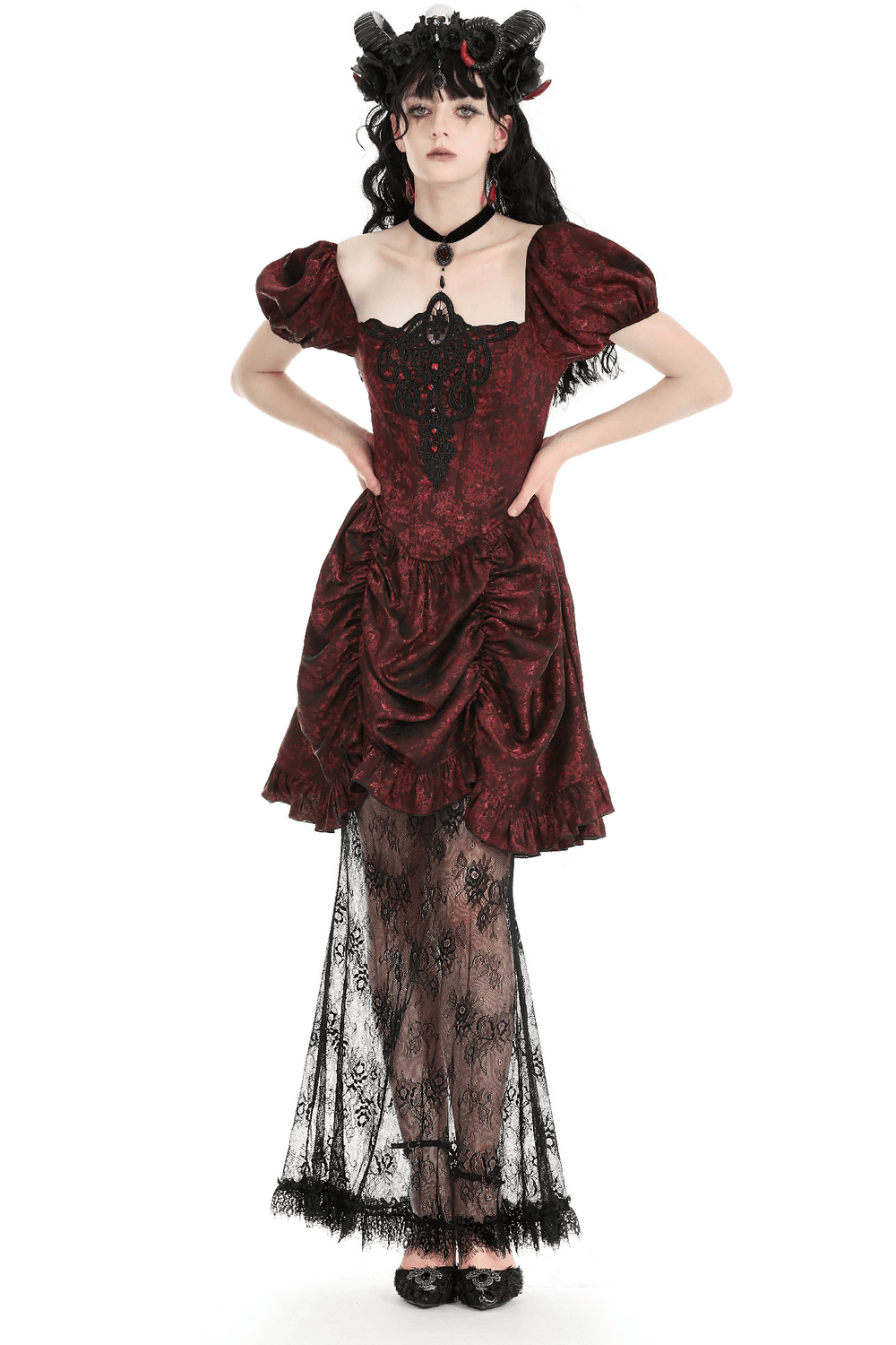 Victorian Gothic Lace-Trimmed Dress with Short Sleeves