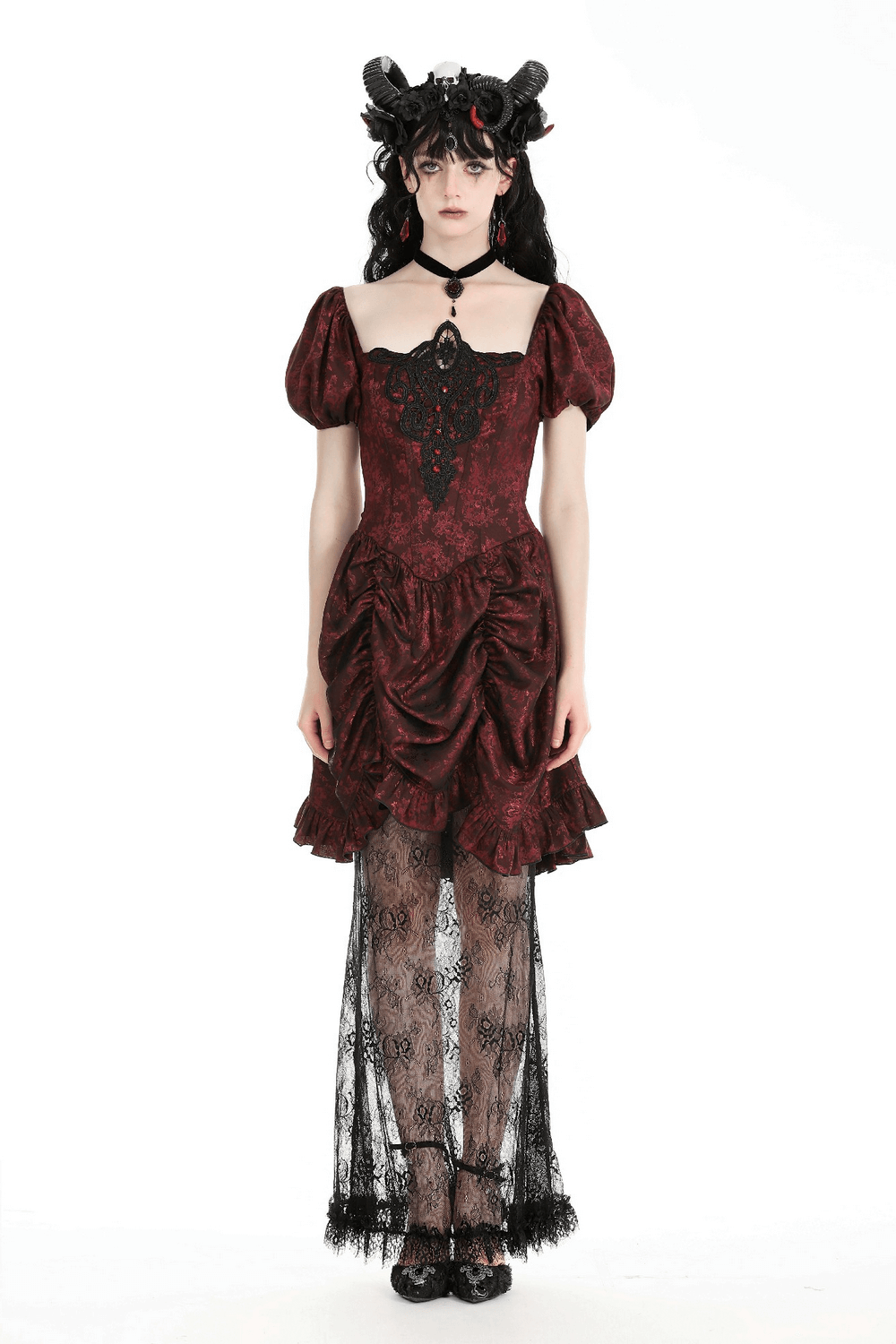 Victorian Gothic Lace-Trimmed Dress with Short Sleeves