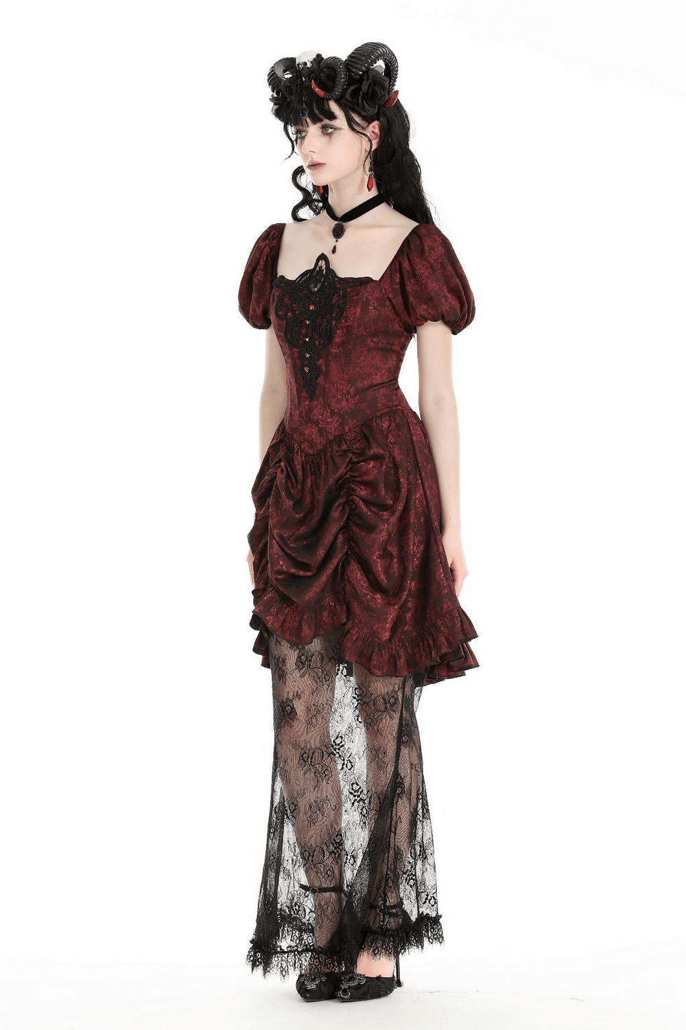 Victorian Gothic Lace-Trimmed Dress with Short Sleeves