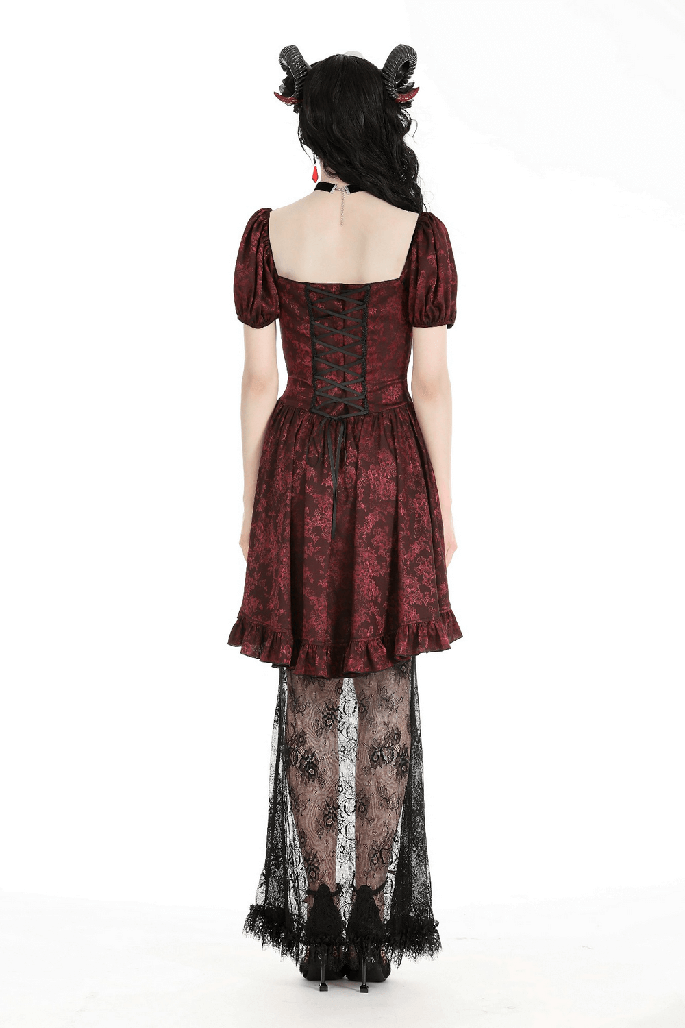 Victorian Gothic Lace-Trimmed Dress with Short Sleeves