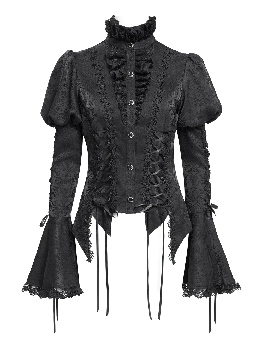 Victorian Gothic lace-up blouse with bell sleeves, ruffled collar, and jacquard fabric for alternative fashion.