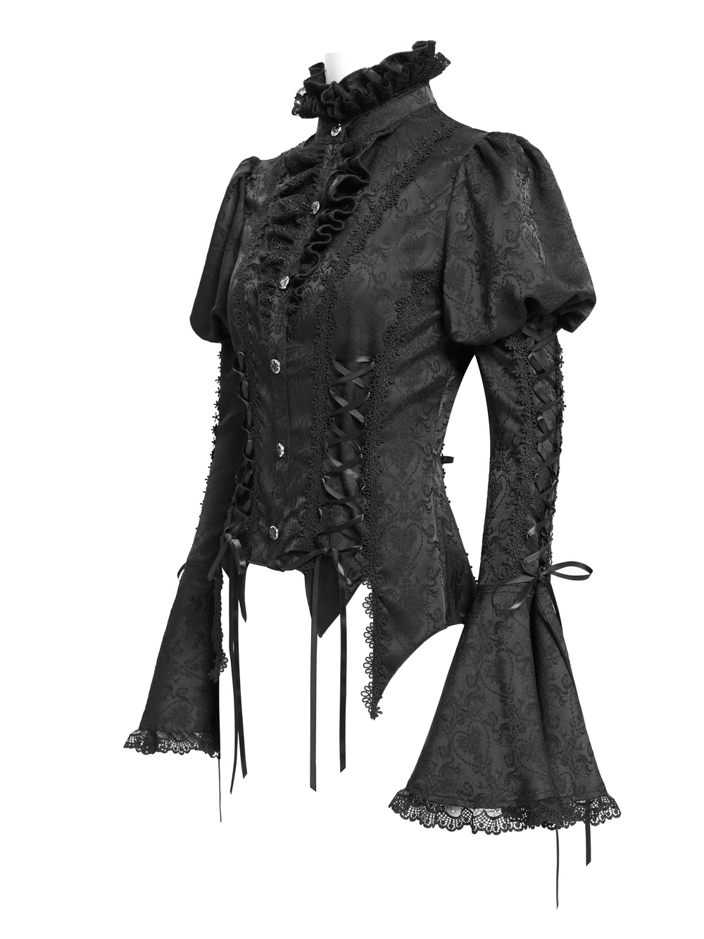 Victorian Gothic lace-up blouse with bell sleeves and ruffled collar, perfect for steampunk or alternative fashion.