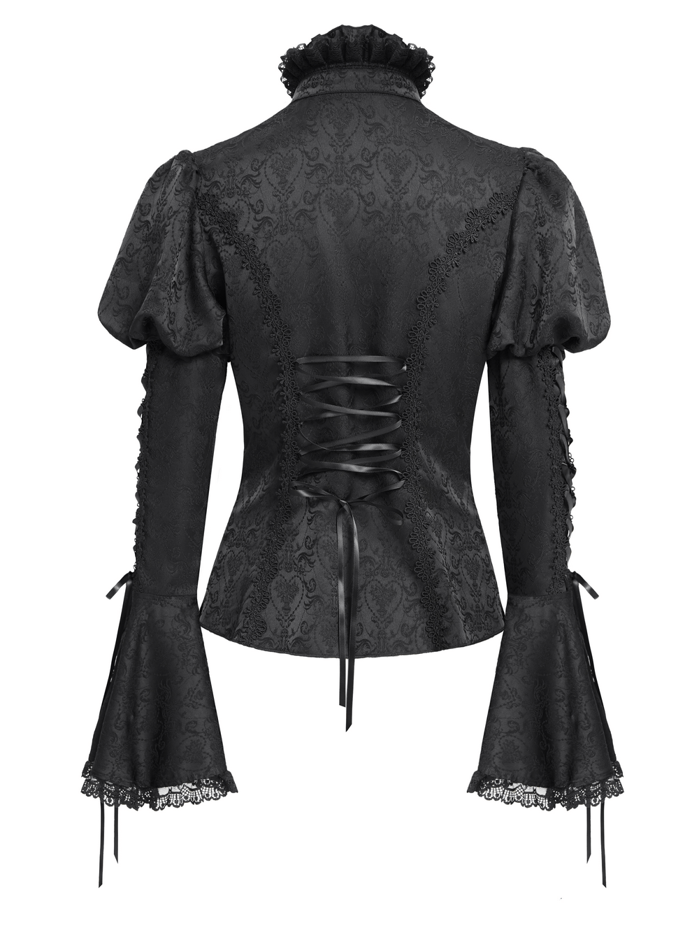 Victorian Gothic lace-up blouse showcasing elegant bell sleeves and ruffled collar, perfect for alternative fashion.