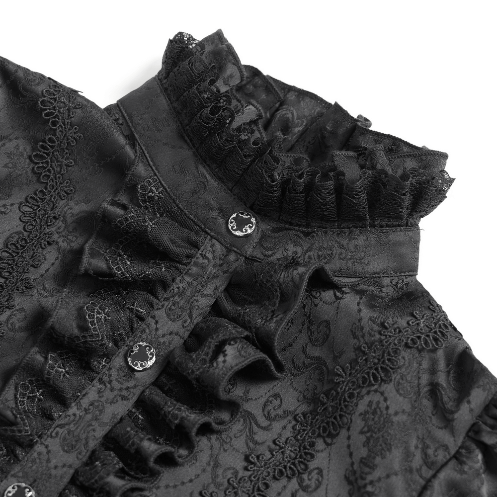 Close-up of a Victorian Gothic blouse showcasing ruffled collar and intricate jacquard fabric detail.