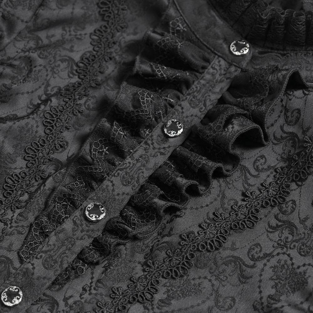 Close-up of Victorian Gothic blouse detail with ruffled collar, intricate jacquard fabric, and decorative buttons.