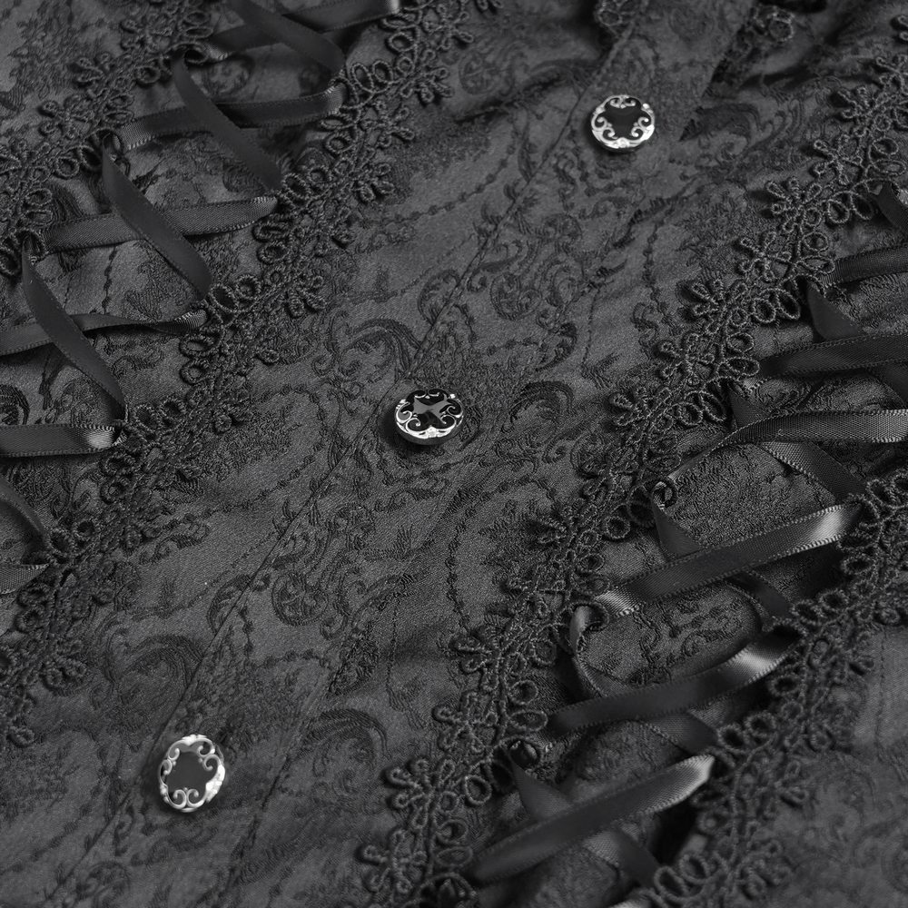 Close-up of Victorian Gothic blouse with lace-up front and intricate jacquard fabric detailing.