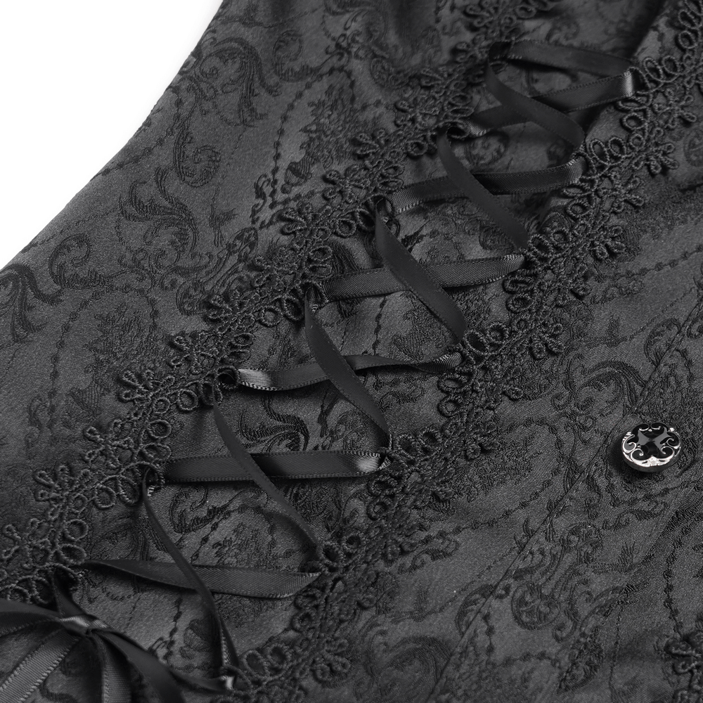 Close-up of a Victorian Gothic blouse featuring lace-up design and intricate jacquard fabric details.
