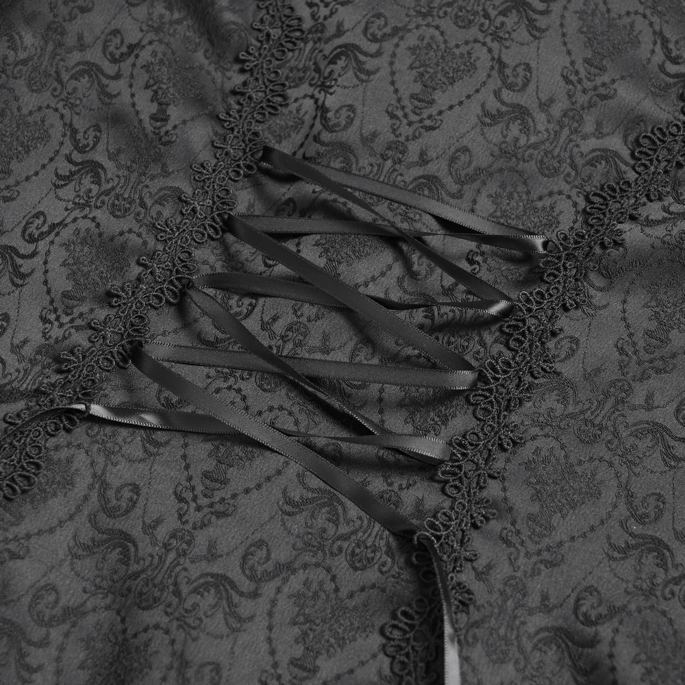 Victorian Gothic blouse detail featuring elegant lace-up front and intricate jacquard fabric design.