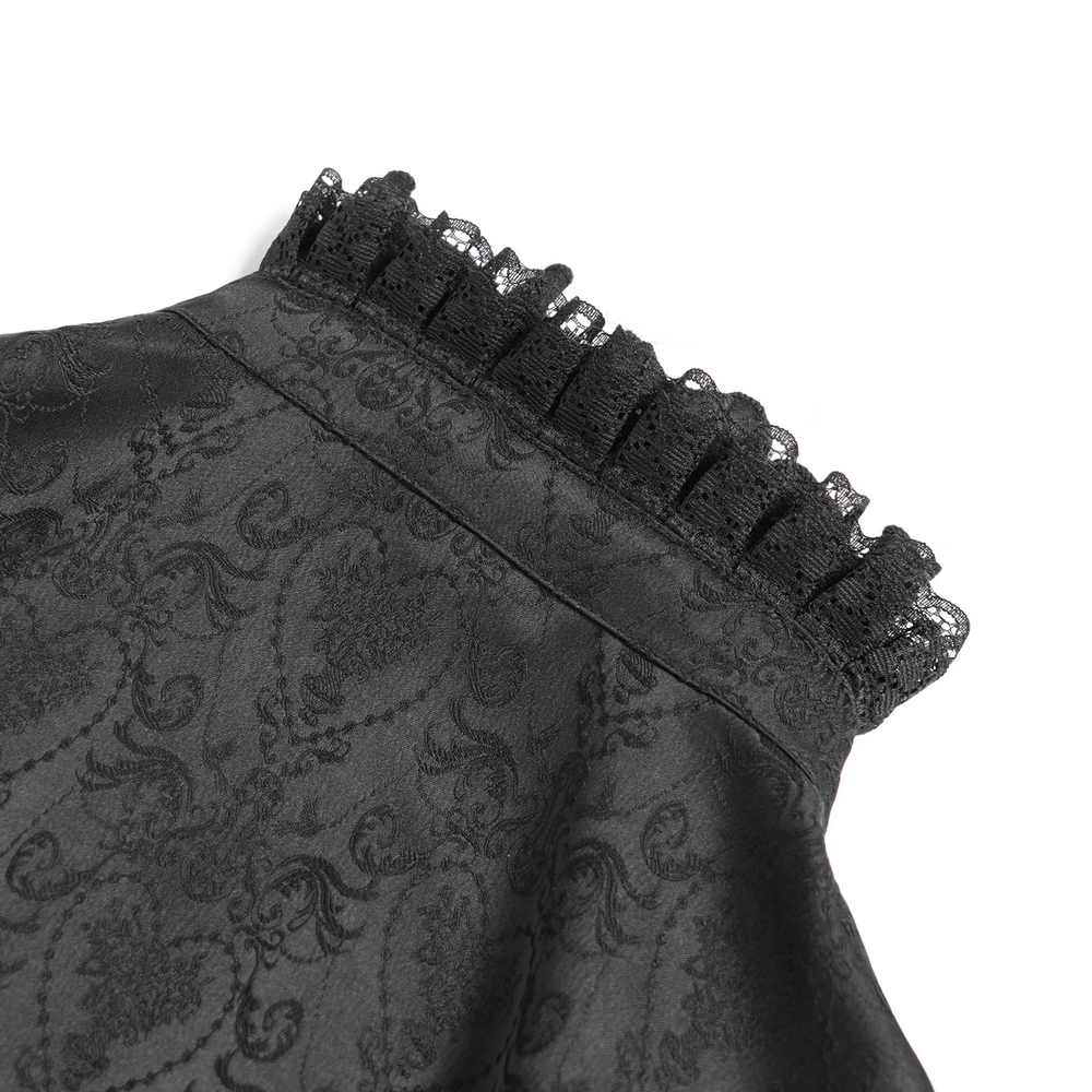 Close-up of ruffled collar detail on Victorian Gothic lace blouse with intricate jacquard fabric.