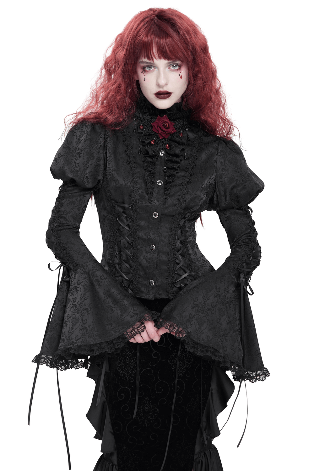 Victorian Gothic lace-up blouse with bell sleeves, ruffled collar, and elegant jacquard fabric for alternative fashion.