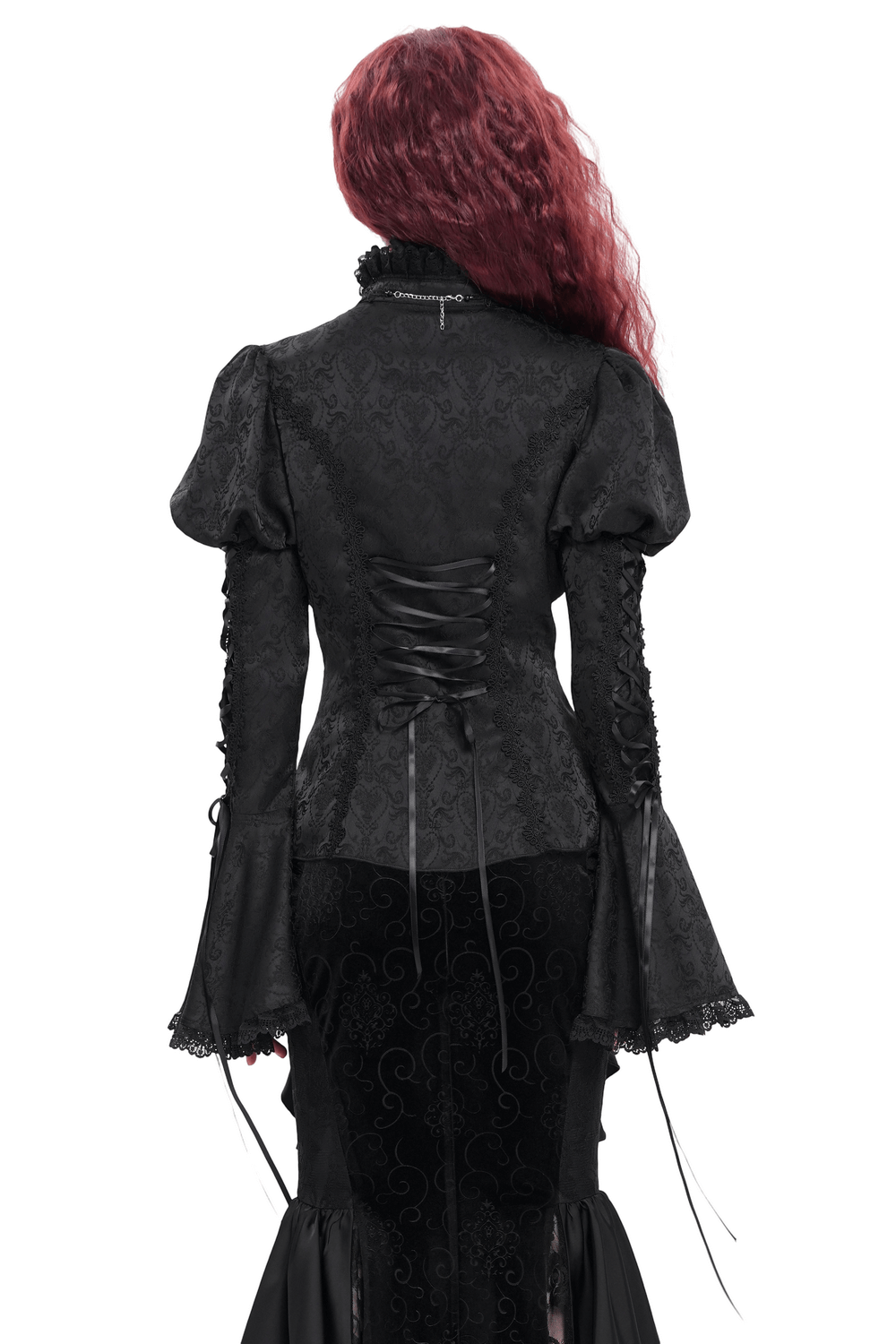 Victorian Gothic lace-up blouse with bell sleeves and intricate black jacquard fabric, perfect for alternative fashion.