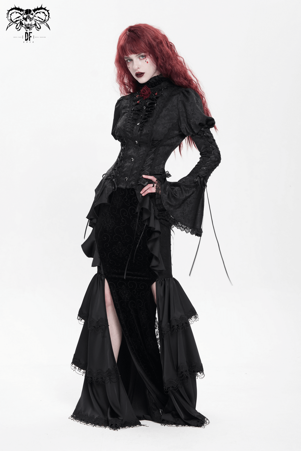 Elegant Victorian Gothic woman in black lace-up blouse and dramatic skirt, perfect for alternative fashion or cosplay.