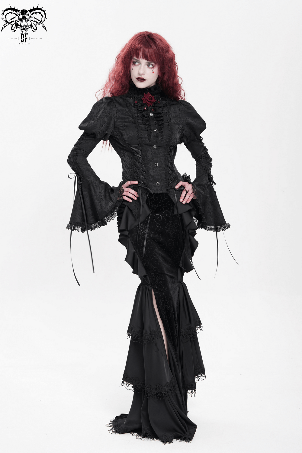 Victorian Gothic blouse with bell sleeves and ruffled collar, perfect for alternative fashion and cosplay.