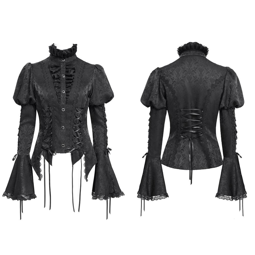 Victorian Gothic lace-up blouse with ruffled collar and dramatic bell sleeves in black.