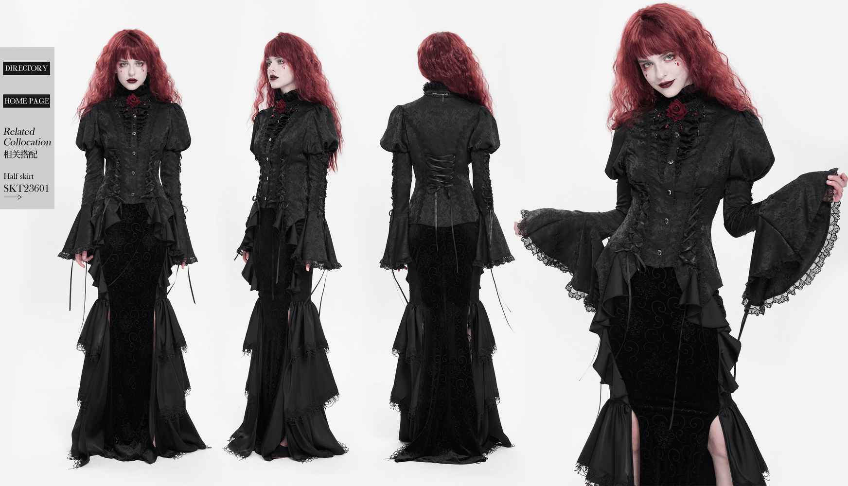 Victorian Gothic lace-up blouse with bell sleeves and ruffled collar in black, ideal for alternative fashion and cosplay.