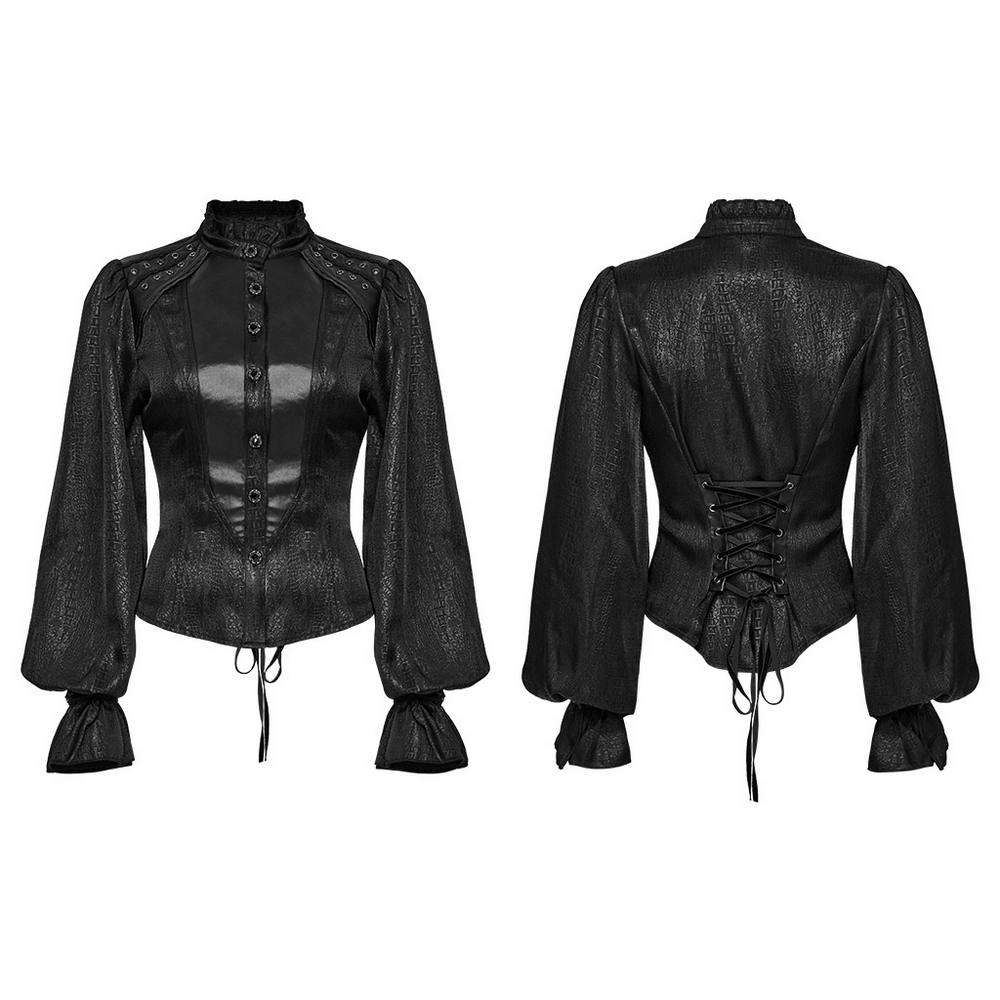 Victorian Gothic lace-up blouse with puff sleeves and faux leather panels, featuring ruffled collar and eyelet details.