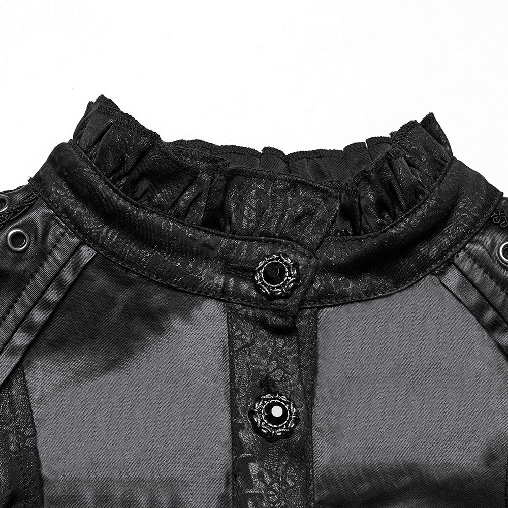 Close-up of the Victorian Gothic lace-up blouse's ruffled collar and faux leather panels with decorative buttons.