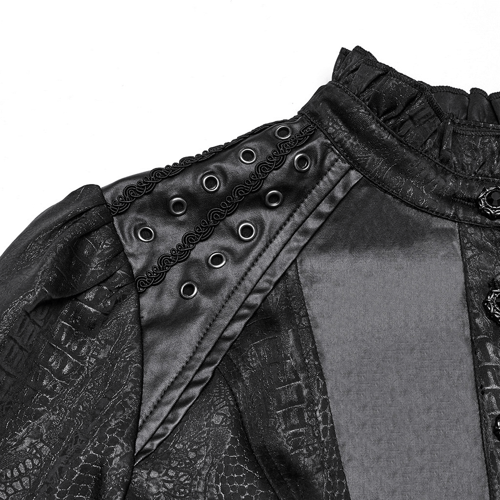 Close-up of the Victorian Gothic lace-up blouse showing faux leather panels and eyelet details.
