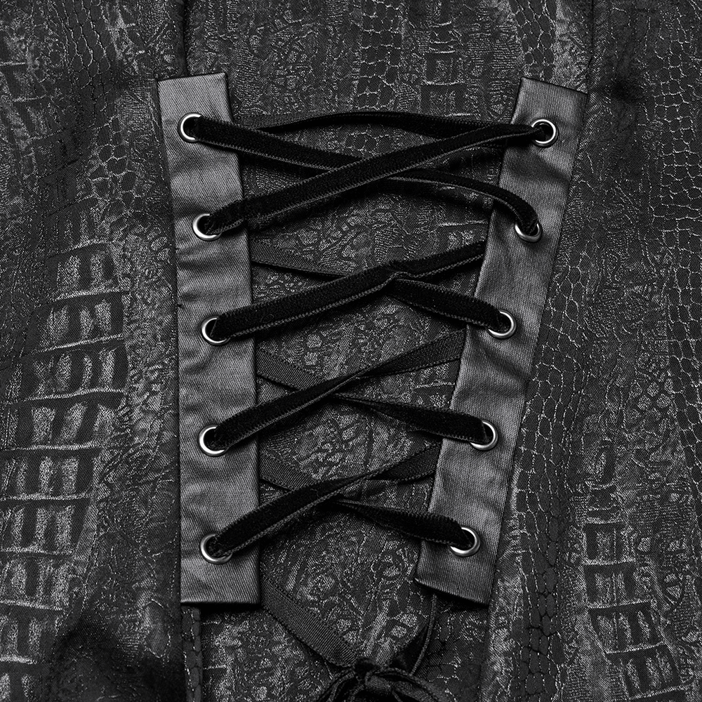 Close-up of gothic lace-up detail featuring faux leather panels on a Victorian blouse.
