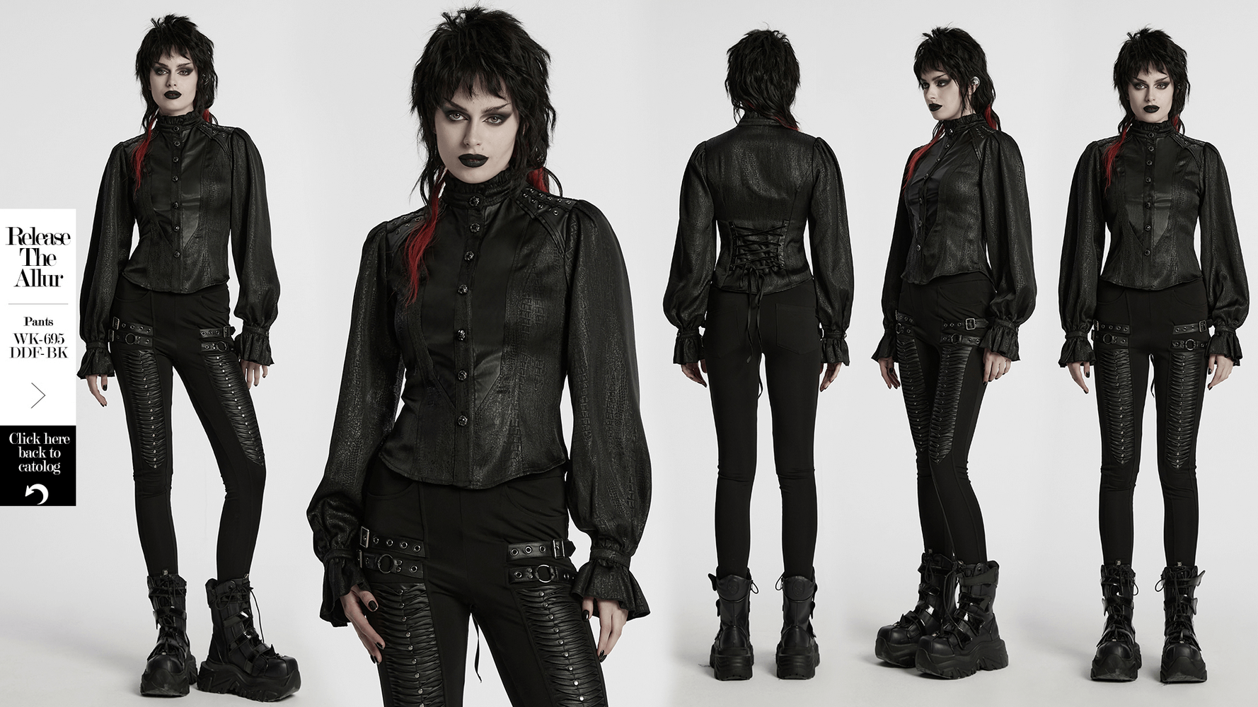 Victorian gothic lace-up blouse with puff sleeves and faux leather. Perfect blend of elegance and dark romance.