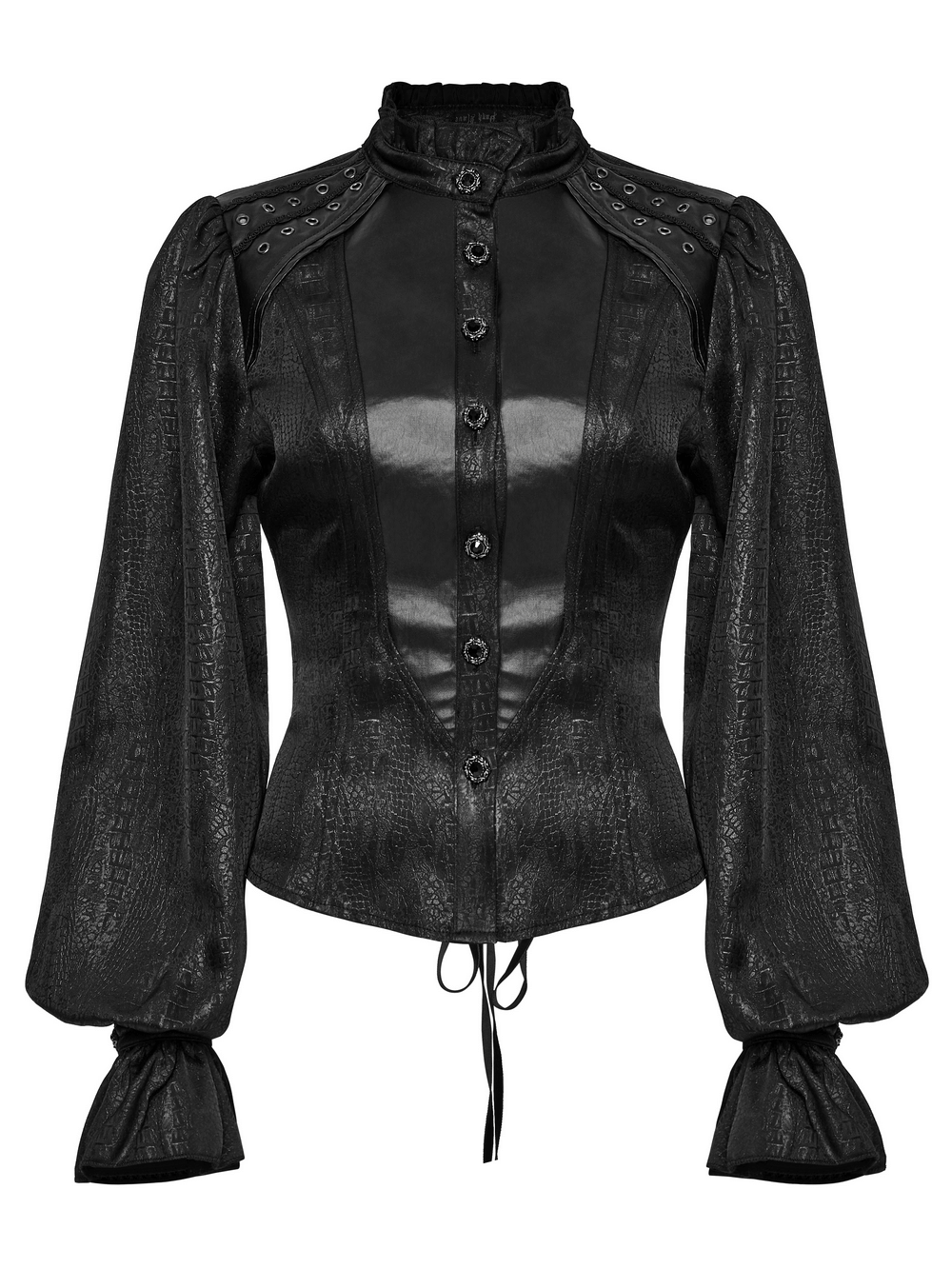 Victorian Gothic lace-up blouse with puff sleeves and faux leather panels, featuring a ruffled stand collar and eyelet details.