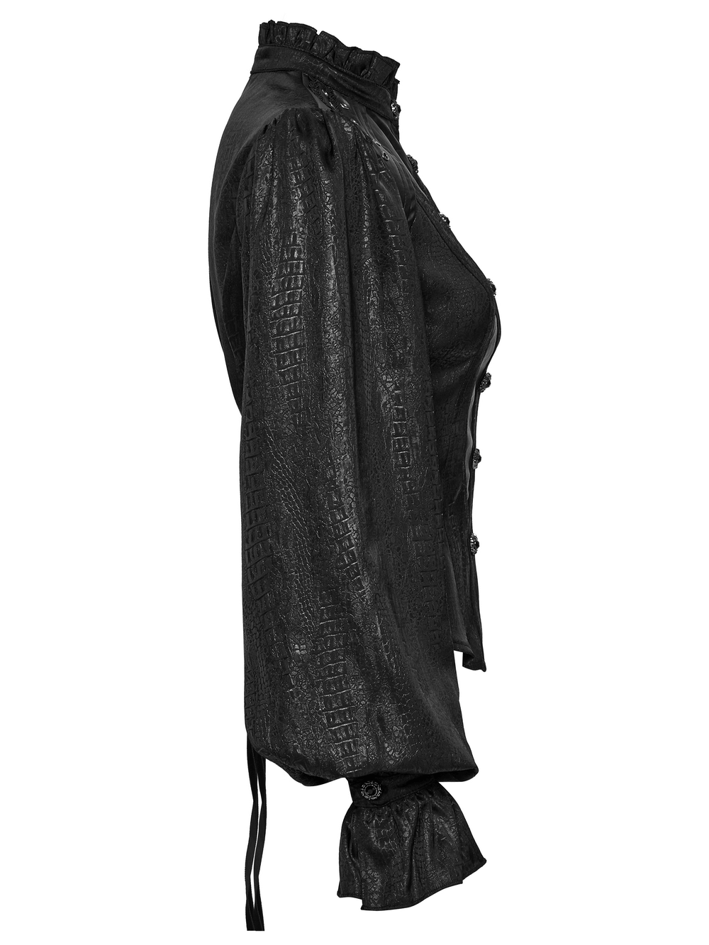 Side view of a Victorian Gothic lace-up blouse with puff sleeves and faux leather panels.