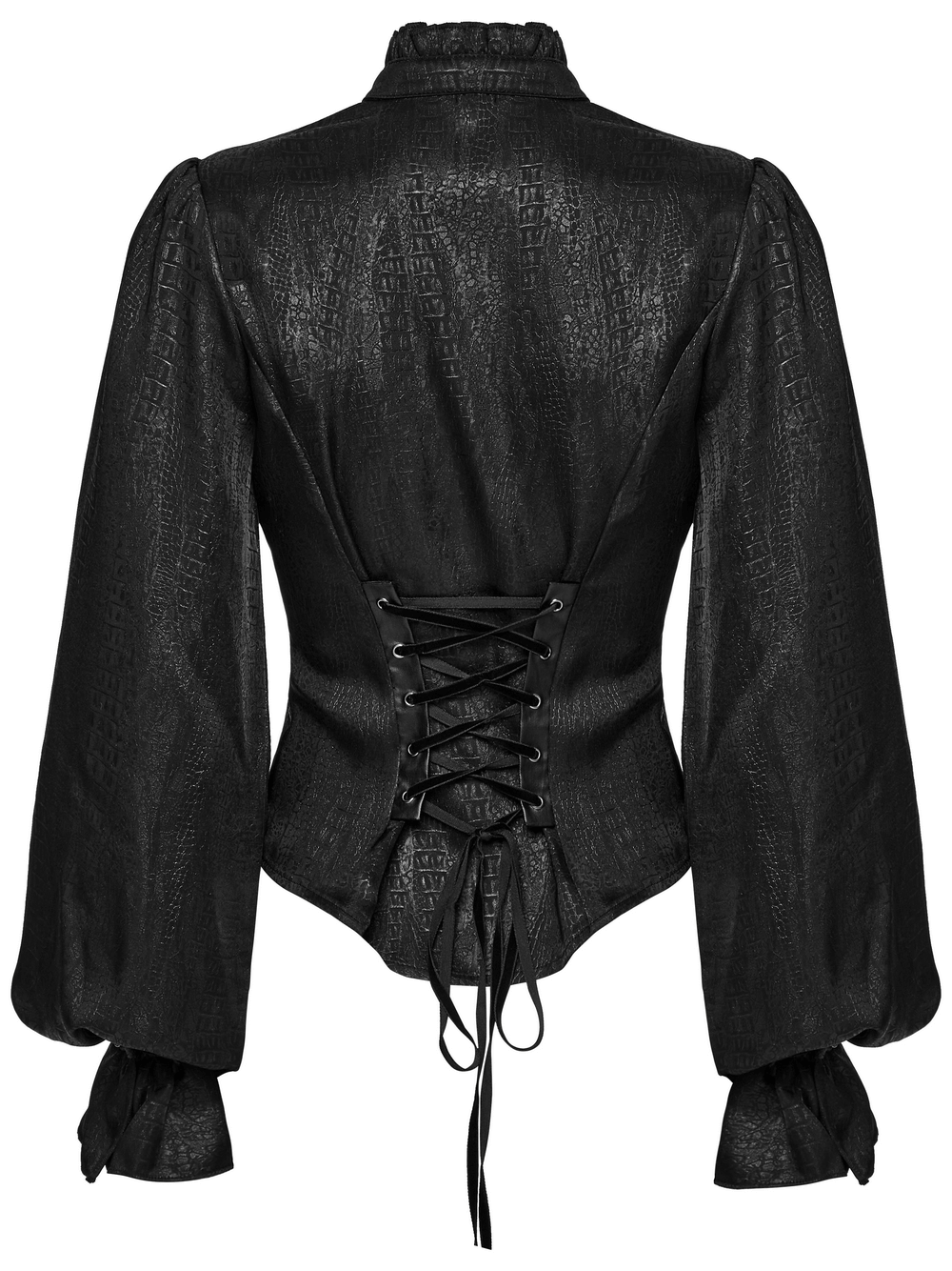 Back view of a Victorian Gothic lace-up blouse with puff sleeves and textured faux leather panels.