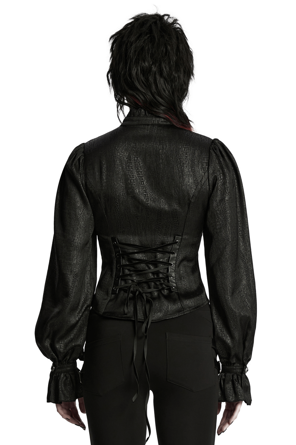 Back view of Victorian Gothic lace-up blouse with puff sleeves and faux leather panels.