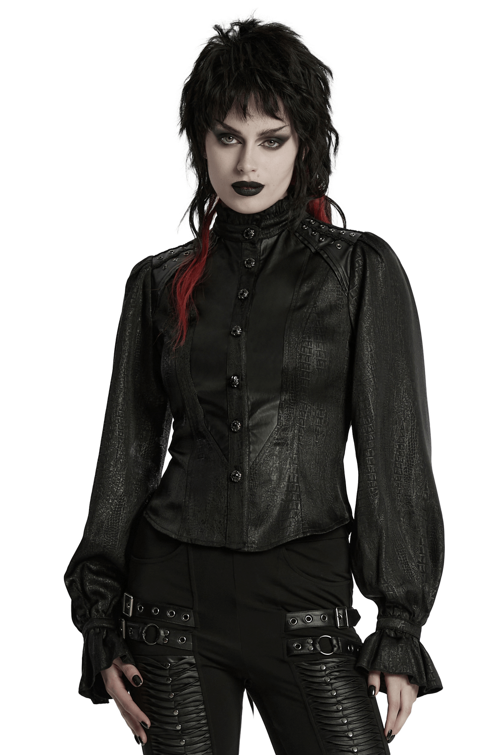 Victorian Gothic blouse with faux leather panels and puff sleeves, featuring a gothic pattern and lace-up back design.