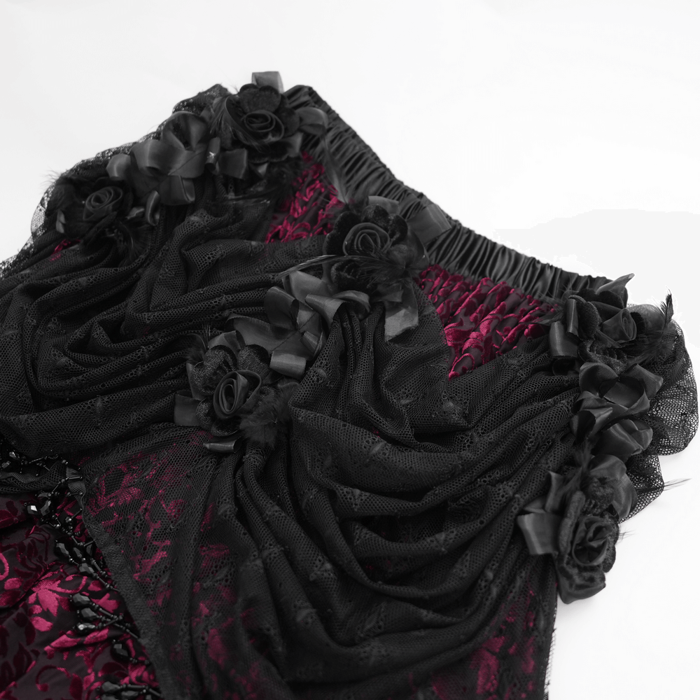 Victorian gothic layered skirt with lace, beading, and rose embellishments in deep red and black.