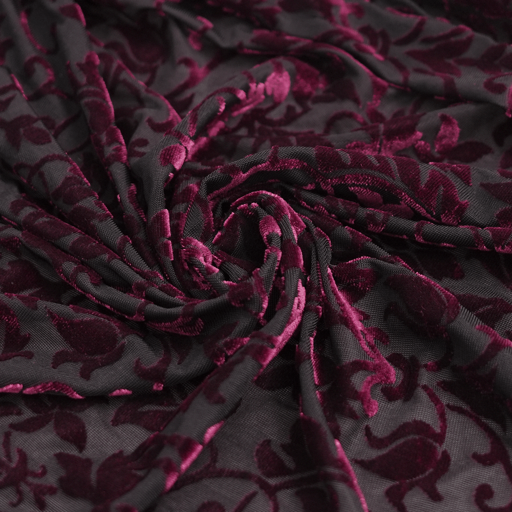 Dark red rose patterned fabric with elegant swirling texture for a gothic-inspired look. Perfect for layered skirts and dresses.