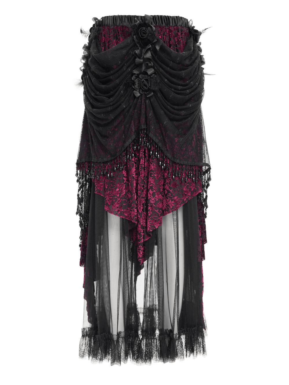 Victorian Gothic layered skirt in black and deep red with lace, roses, and beading for a dramatic, elegant look.