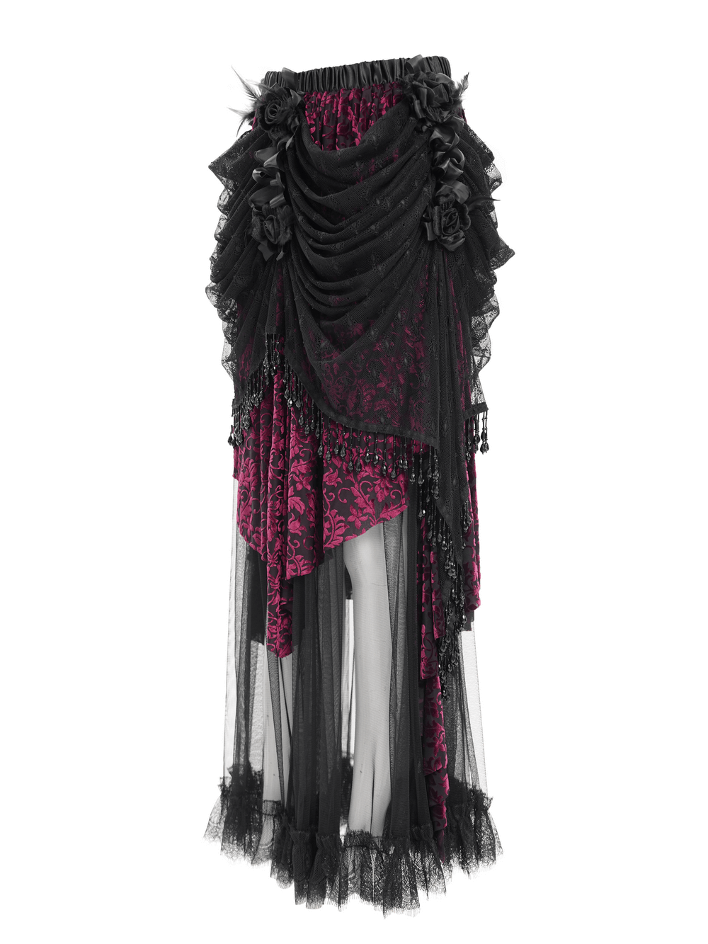 Victorian Gothic layered skirt with lace and roses, featuring a striking deep red underlayer and flowing draped design.