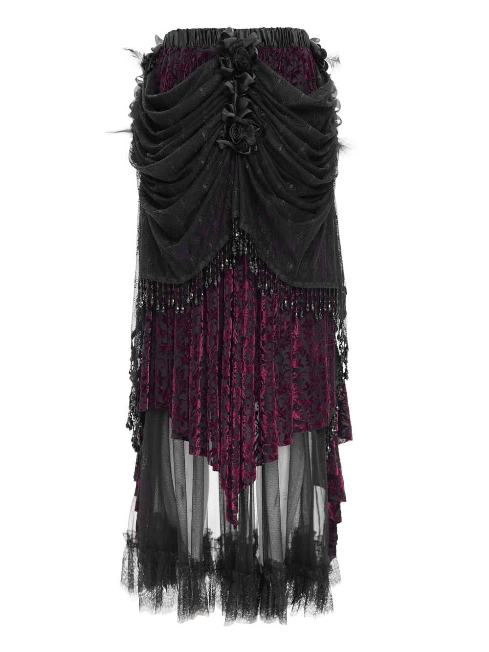 Victorian Gothic layered skirt with lace, beading, and rose embellishments in deep red and black. Perfect for alternative fashion.