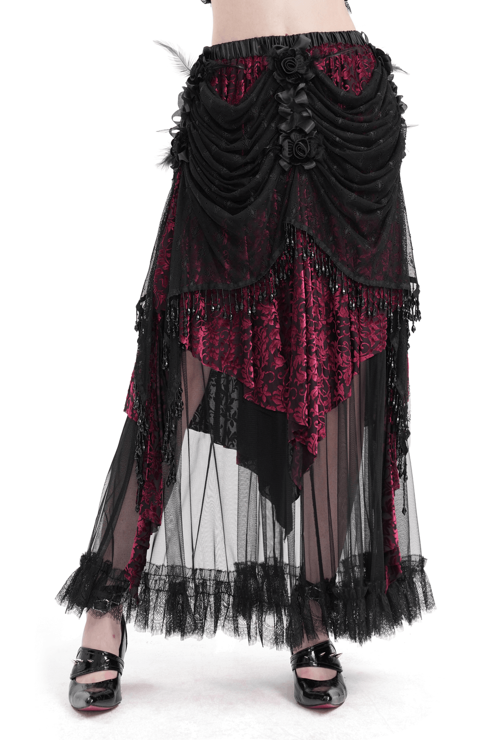 Victorian Gothic layered skirt featuring lace, beading, and rose accents, perfect for dark elegance and alternative fashion.