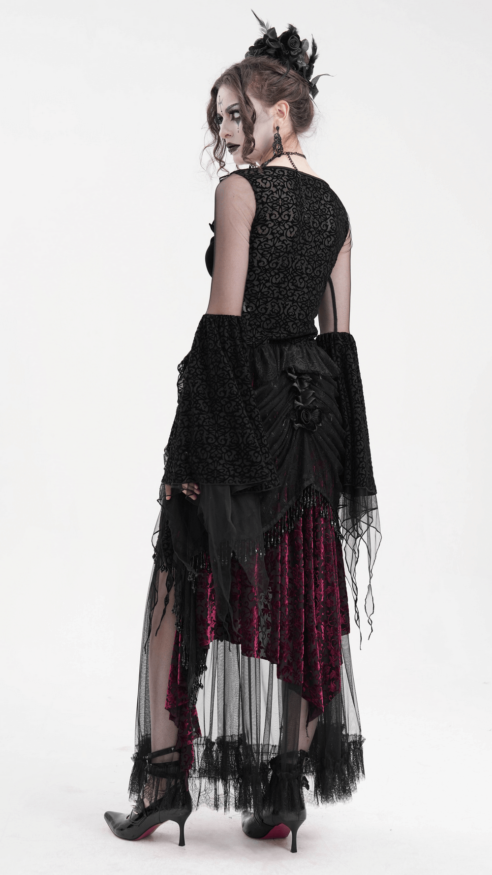 Elegant Victorian Gothic layered skirt with lace, beading, and a deep red underlayer, perfect for alternative fashion.