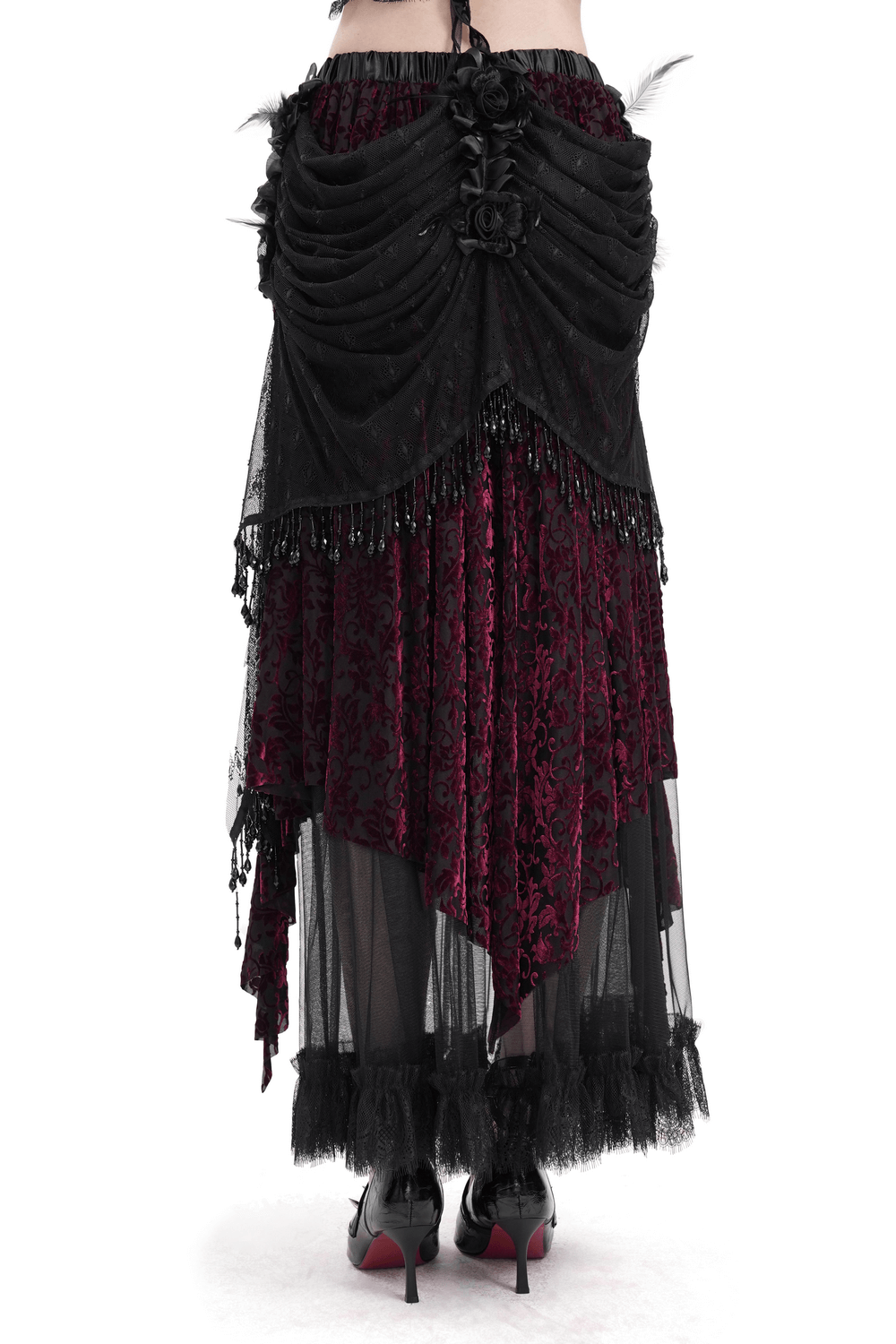 Victorian Gothic layered skirt with lace and beads, featuring draped black layers and deep red accents, perfect for alternative fashion.