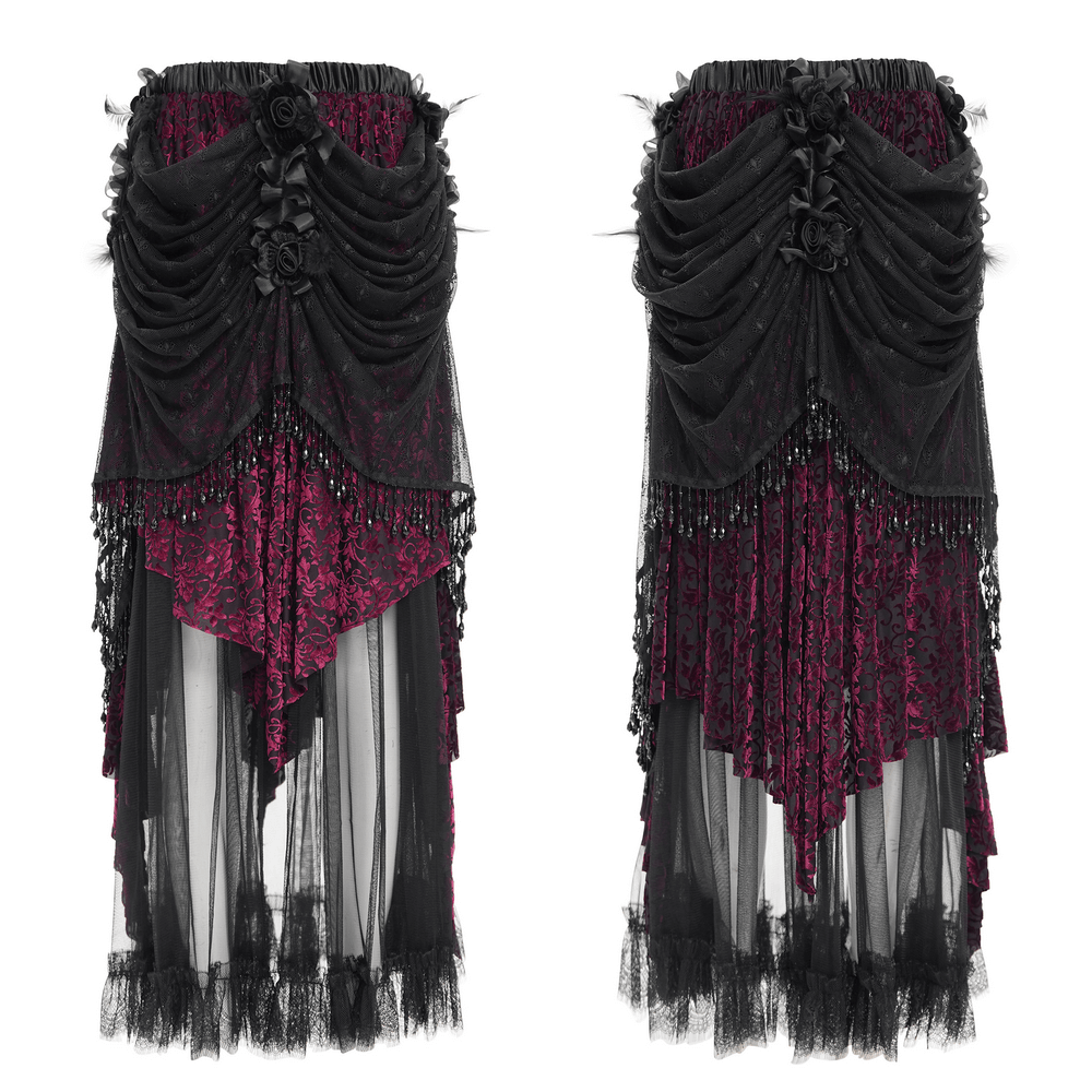 Victorian Gothic layered skirt in black and deep red, featuring lace, beading, and rose accents for a dramatic look.