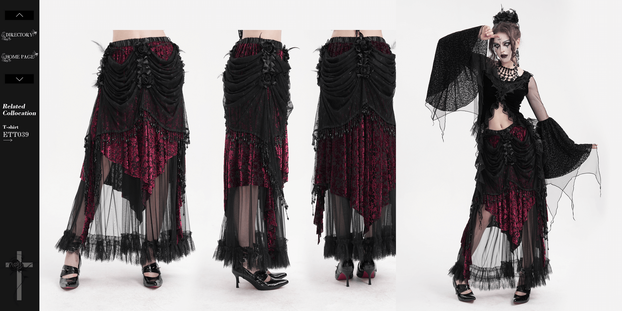 Victorian gothic layered skirt with lace, bead detailing, and deep red underlayer, showcasing a dramatic, flowing design.