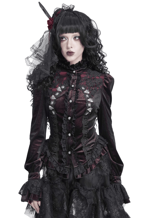Verzierte Gothic-Bluse mit Spitze und Rüschenmanschetten