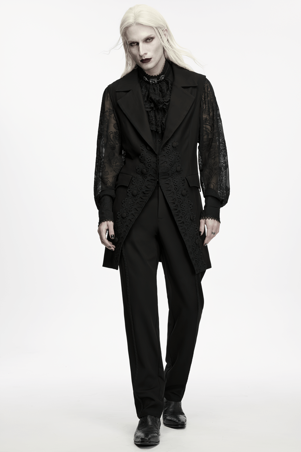 Victorian Gothic Long Waistcoat with Lace Trim, black goth tailored suit with lace appliqués and long dovetail hem
