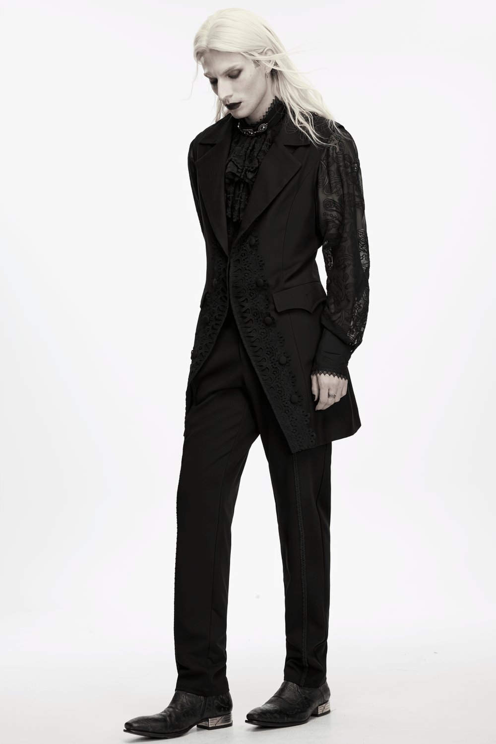 Victorian Gothic Long Waistcoat with Lace Trim, black tailored goth vest with lace details and lace sleeves