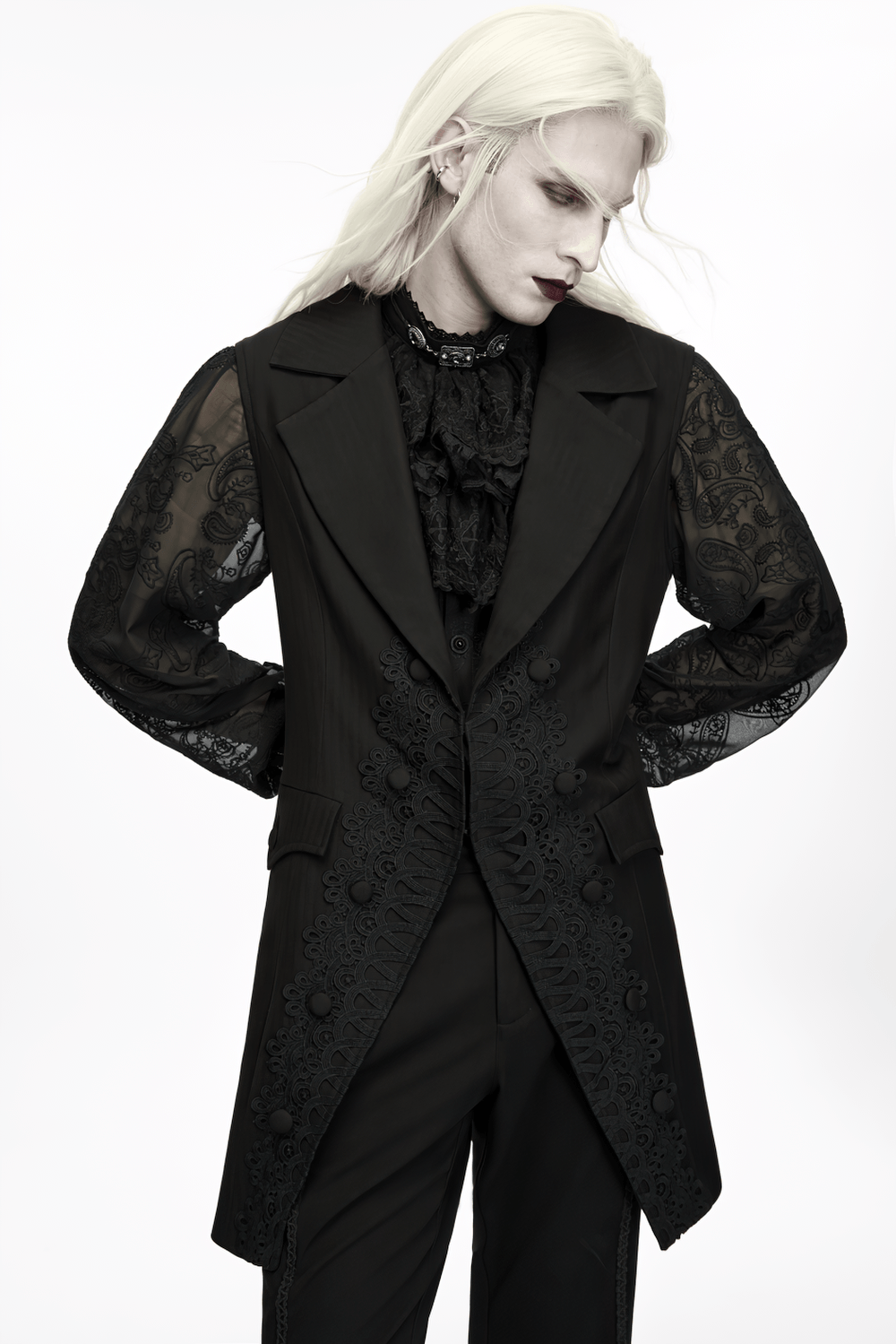 Victorian Gothic Long Waistcoat with Lace Trim, black tailored goth waistcoat with lace sleeves and ornate front detail