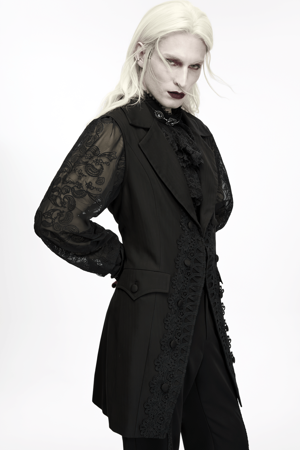Victorian Gothic Long Waistcoat with Lace Trim, black gothic waistcoat with lace sleeves and tailored lapels