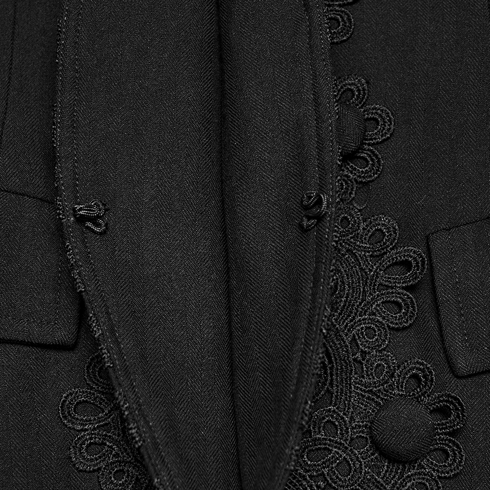 Victorian Gothic Long Waistcoat with Lace Trim black jacquard waistcoat with tailored lapels and ornate lace detail