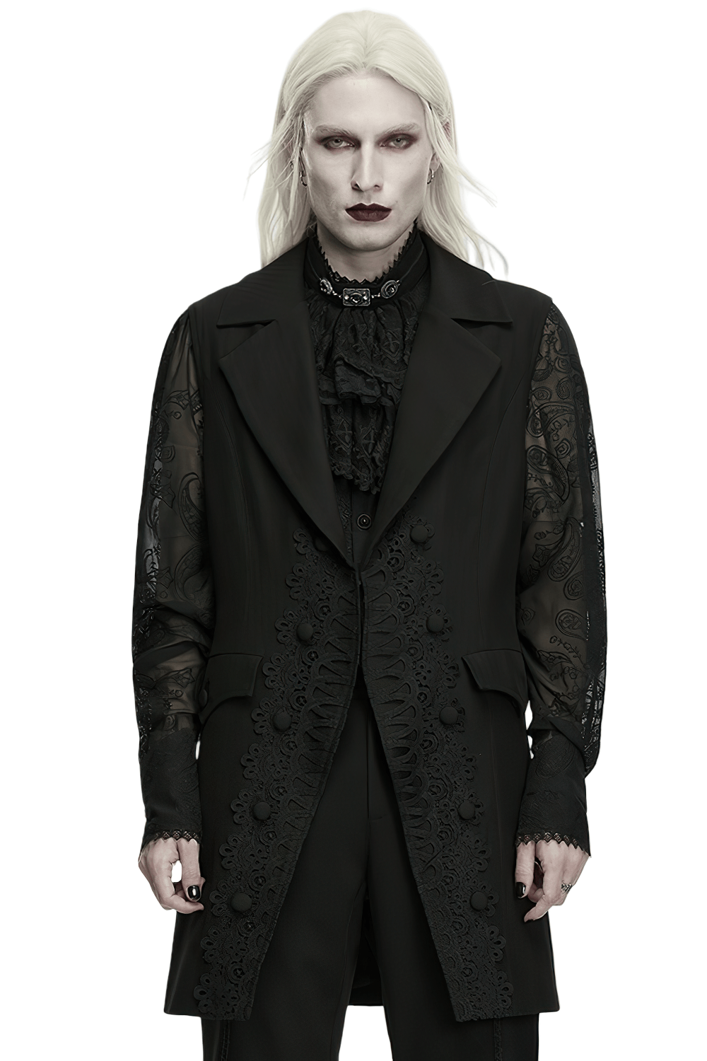 Victorian Gothic Long Waistcoat with Lace Trim, black jacquard waistcoat with tailored lapels and lace appliqué