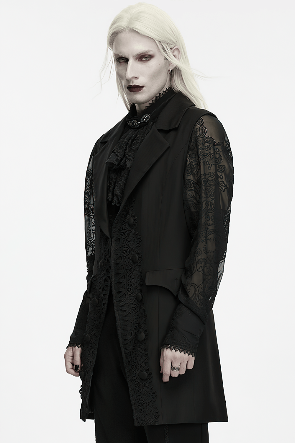 Victorian Gothic Long Waistcoat with Lace Trim, black tailored gothic vest with lace sleeves and lapels