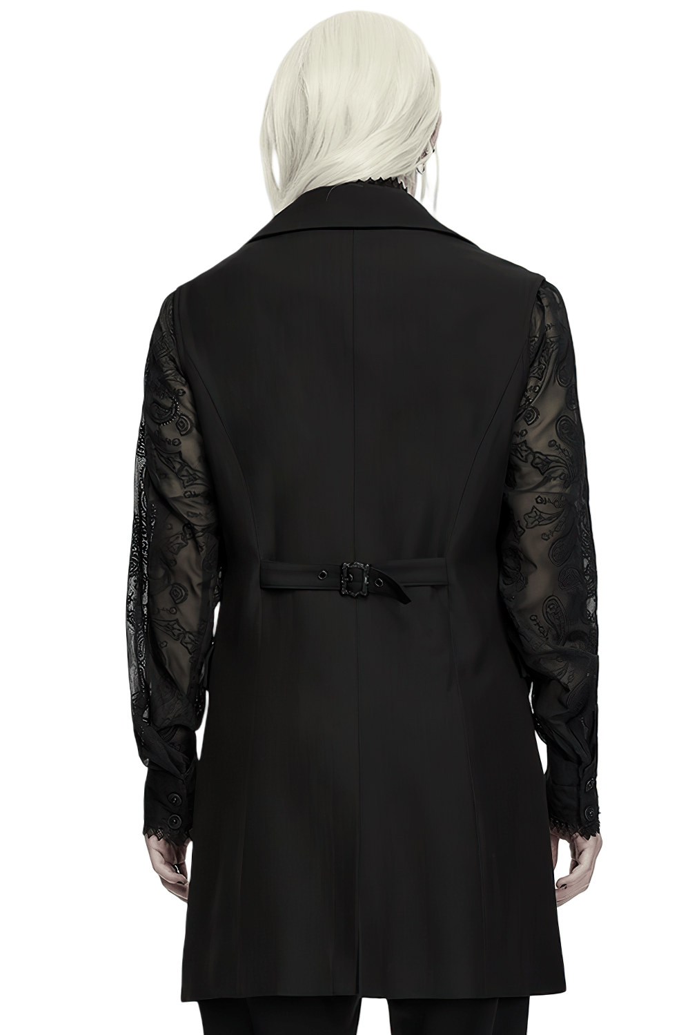 Victorian Gothic Long Waistcoat with Lace Trim, black tailored back view with lace sleeves and adjustable buckle